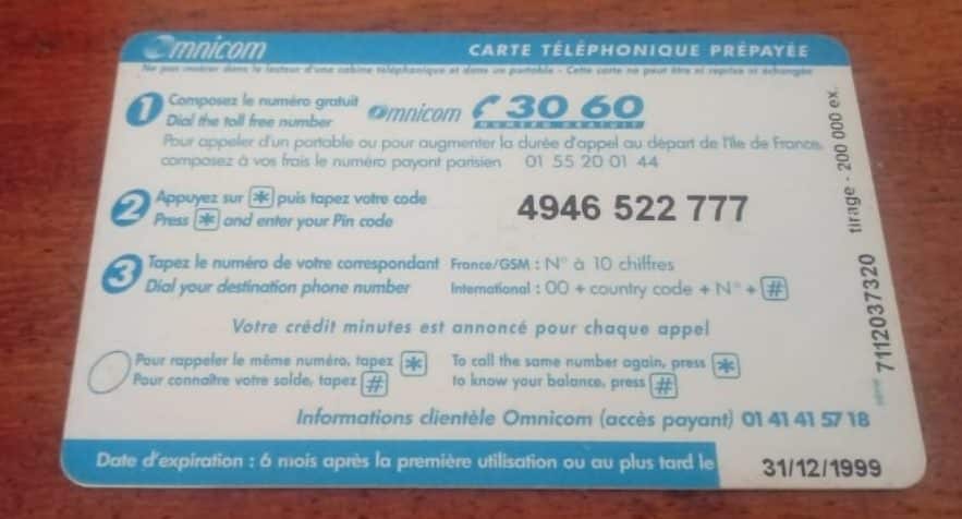 | Casa do Colecionador Cartão Pre pago Omnicom / Telephonez Moins Cher