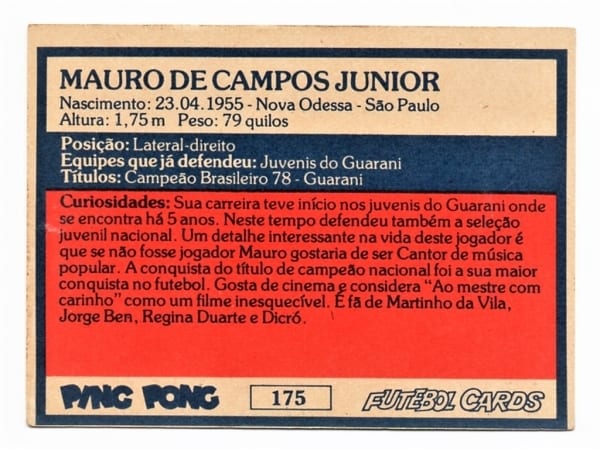 | Casa do Colecionador Ping Pong Futebol Cards Guarani Futebol Clube - Nº 175 - Mauro