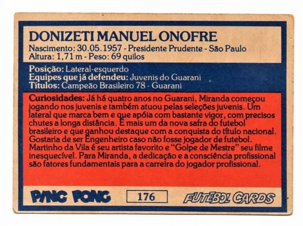 | Casa do Colecionador Ping Pong Futebol Cards Guarani Futebol Clube - Nº 176 - Miranda