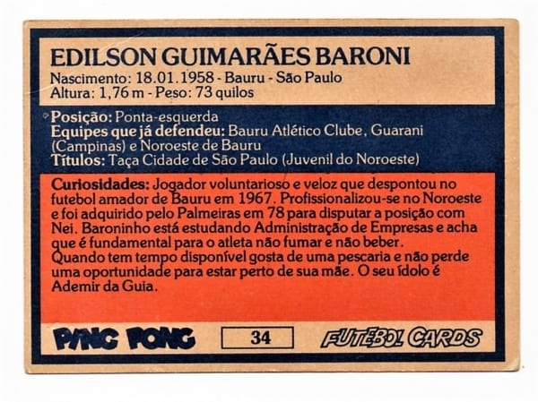 | Casa do Colecionador Ping Pong Futebol Cards Sociedade Esportiva Palmeiras - Nº 34 - Baroninho