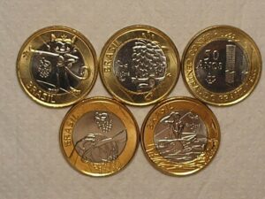5 Moedas Comemorativas das Olimpiadas 1 Real 2014/15 – Mascotes Gato e Cabeludo, Canoagem, Basquete e Bacen / Flor de Cunho / Cod. 170.14