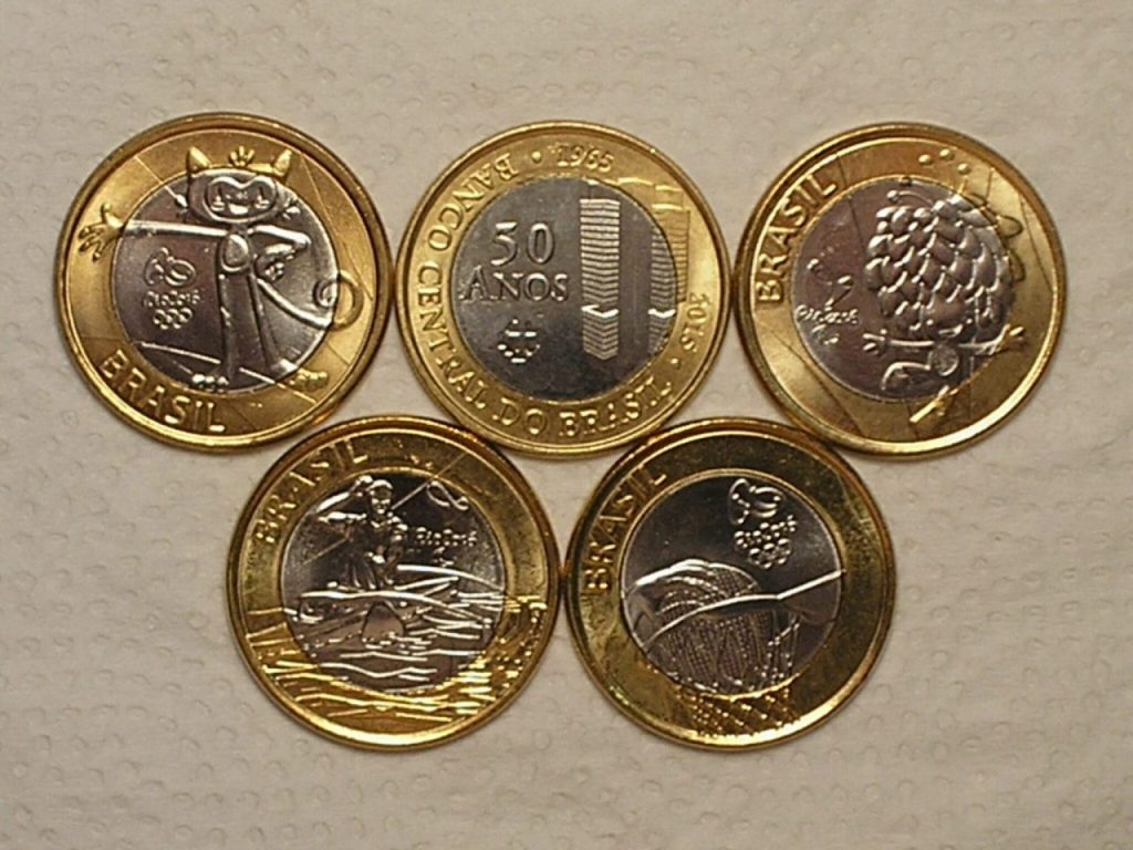 | Casa do Colecionador 5 Moedas Comemorativas das Olimpiadas 1 Real 2014/15 - Mascotes Gato e Cabeludo, Canoagem, Basquete e Bacen / Flor de Cunho / Cod. 170.4