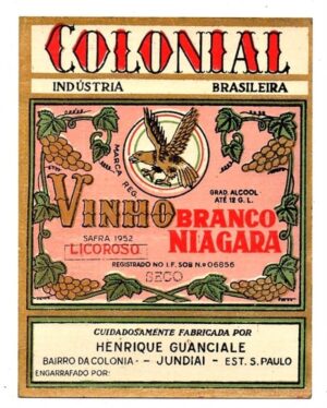 Antigo Rotulo Vinho Branco Niagara Seco Licoroso Colonial Anos 50