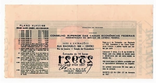 | Casa do Colecionador Bilhete Loteria Federal Brasil - Comunidade Luso Brasileira - Abril de 1968