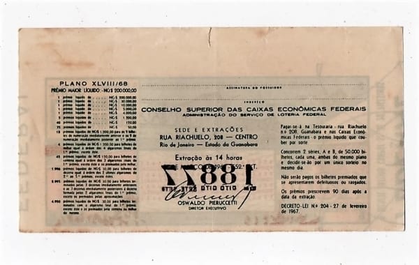 | Casa do Colecionador Bilhete Loteria Federal Brasil - Ponte Luiz Ferreira ( PI ) - Março de 1968