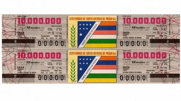 | Casa do Colecionador Bilhete Loteria Federal Brasil - Prova Numeração Zerada - Centenario Santo Antonio de Padua = RJ - 1982