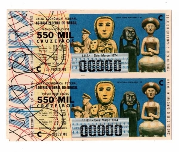 | Casa do Colecionador Bilhete Loteria Federal Brasil - Prova Numeração Zerada - Esculturas Populares - Pernambuco - 1974