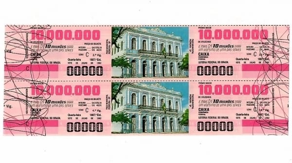 | Casa do Colecionador Bilhete Loteria Federal Brasil - Prova Numeração Zerada - Pedreira - SP - Paço Municipal - 1982