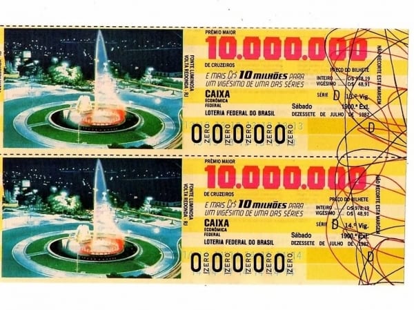 | Casa do Colecionador Bilhete Loteria Federal Brasil - Prova Numeração Zerada - Volta Redonda - Fonte Luminosa - RJ - 1982