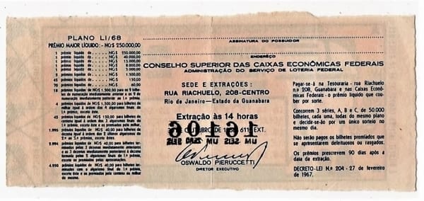 | Casa do Colecionador Bilhete Loteria Federal Do Brasil Dia Do Comerciario - Outubro de 1968