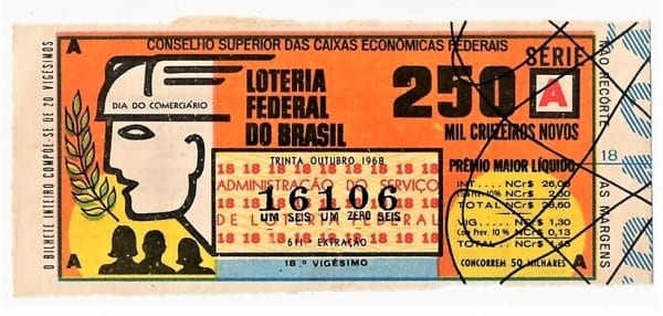 Bilhete Loteria Federal Do Brasil Dia Do Comerciario - Outubro de 1968