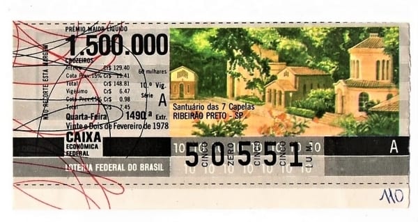 | Casa do Colecionador Bilhete Loteria Federal Do Brasil - Santuario das 7 Capelas - Ribeirão Preto ( SP ) - 1978