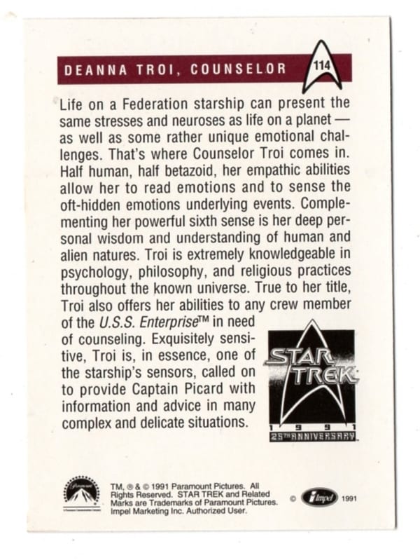 | Casa do Colecionador Card Impel - 1991 - Star Trek Next Generation - Nº 114 - Deanna Troi - Jornada Nas Estrelas