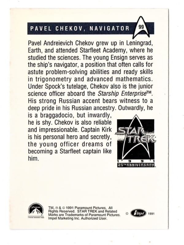 | Casa do Colecionador Card Impel - 1991 - Star Trek - Nº 99 - Pavel Checov - Navegador - Jornada Nas Estrelas