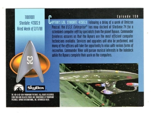 | Casa do Colecionador Card SkyBox - 1994 - Star Trek The Next Generation - Nº 52 - Episode 15A - 11001001 - Jornada Nas Estrelas