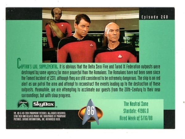 | Casa do Colecionador Card SkyBox - 1994 - Star Trek The Next Generation - Nº 86 - Episode 26B - The Neutral Zone - Jornada Nas Estrelas