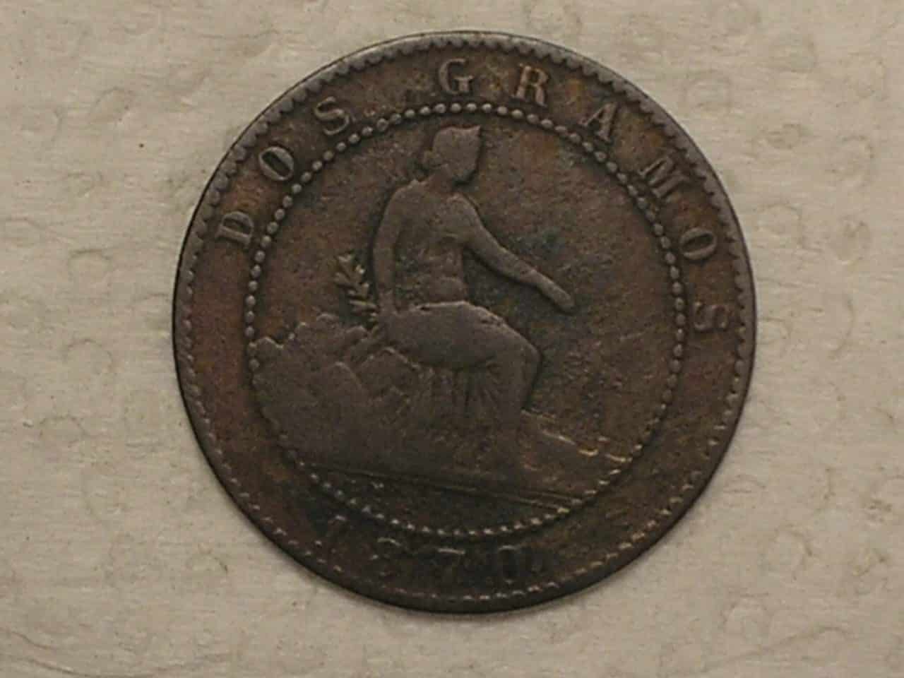 | Casa do Colecionador Espanha) 2 Centimes - 1870 - om / Cobre / box1