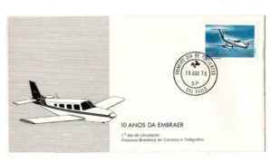 Filatelia - Envelope com Carimbo de 1 Dia de Circulação - 10 Anos de Embraer - 1979 - FDC