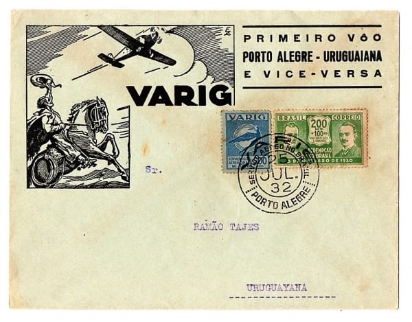 | Casa do Colecionador Filatelia - Envelope Comemorativo Varig Correio Aéreo - 1 Voo Porto Alegre Urugauiana - 1932