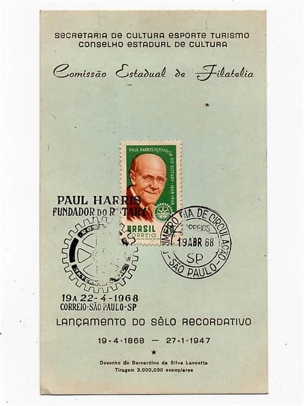 | Casa do Colecionador Filatelia - Folhinha Comemorativa com Carimbo 1 Dia de Circulação Fundador do Rotary Internacional Paul Harris -1968