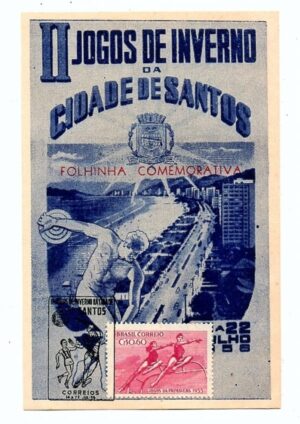 Filatelia - Folhinha e Carimbo Comemorativo - II Jogos de Inverno da Cidade de Santos ( SP ) -1956