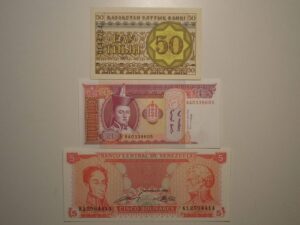 Venezuela) 5 Bolivares - 1989 + Kyrgystan 50 Tyin - 1993 + Mongolia 20 Tugtig - 1993 / Flor de Estampa / ce02