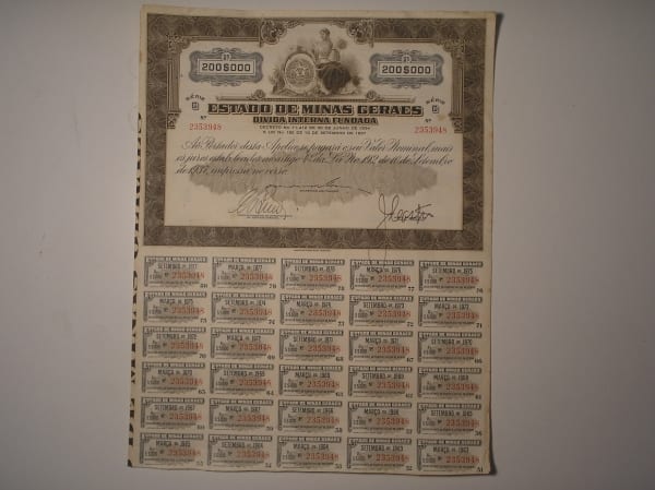 | Casa do Colecionador Apólice da Dívida Interna de Minas gerais do ano de 1934 com cupões / Série C