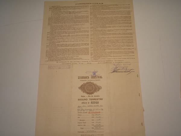 | Casa do Colecionador Apólice de seguros Industrial, Seguro terrestre, Nominal, 230.000 + premio, com recibo e selo, 1959 , Rio de Janeiro.