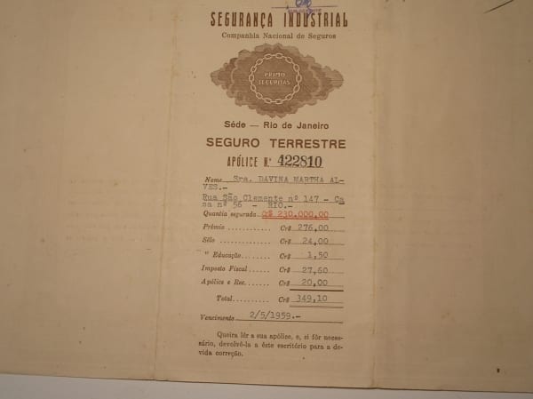 | Casa do Colecionador Apólice de seguros Industrial, Seguro terrestre, Nominal, 230.000 + premio, com recibo e selo, 1959 , Rio de Janeiro.