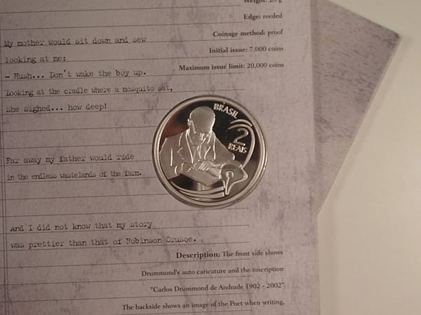 | Casa do Colecionador Estojo - "Carlos Drumond De Andrade") 2 Reais - 2002 / Prata Proof / Med. 026