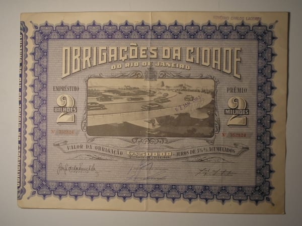 | Casa do Colecionador Obrigações da cidade do Rio de Janeiro, Governo Carlos Lacerda. Cr$ 500,00 Pr. 2 Milhões, ano de 1963