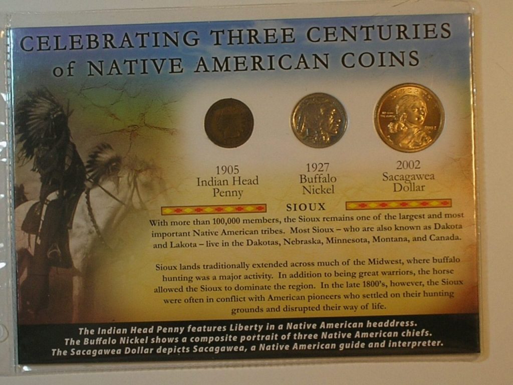 | Casa do Colecionador Usa) Celebrating 3 Centuries of Native) 1 cent -1905 Indian Head / 5 Cents - 1927 bufalo / 1 Dollar - 2002 Sacagawea / (Certificado de Autenticidade)
