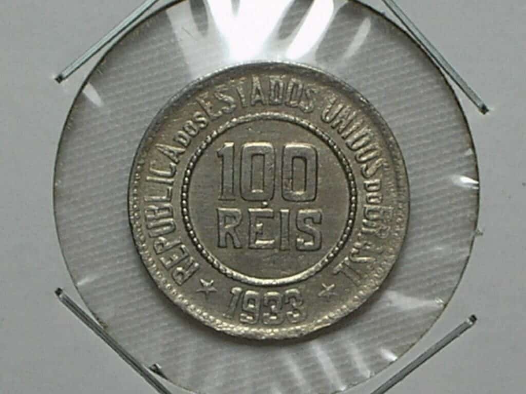 100 Réis - 1933 / Data rara / Flor de Cunho / Niquel