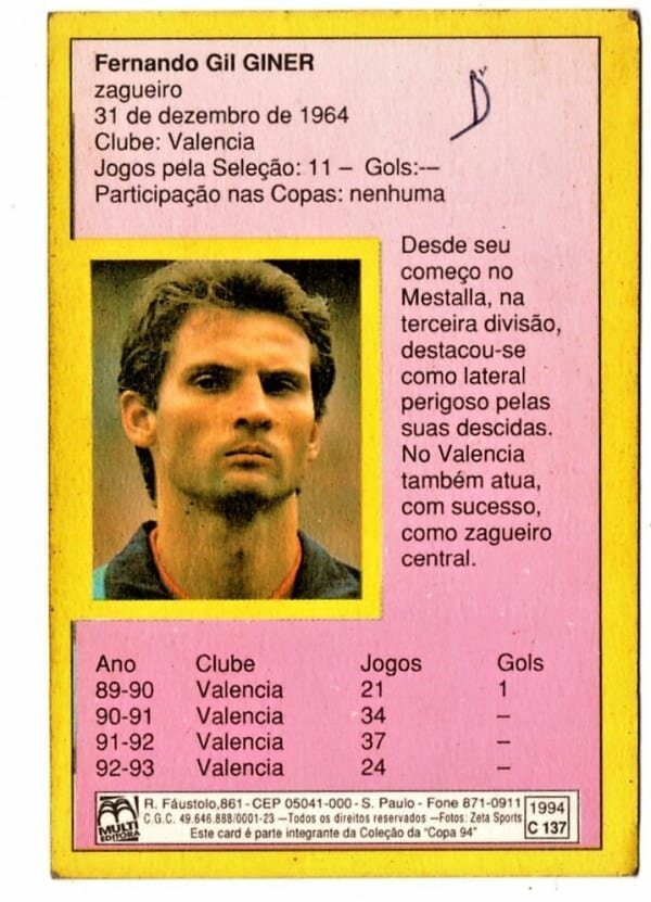 | Casa do Colecionador Card Copa Do Mundo de Futebol 1994 - Multi Editora - N° 137 - Espanha - Giner