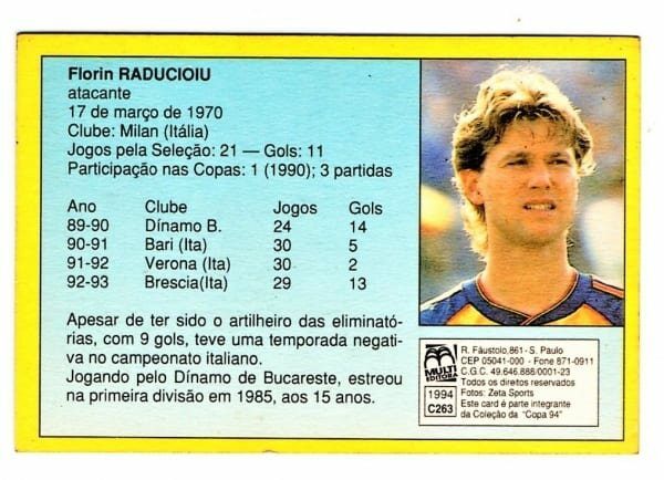 | Casa do Colecionador Card Copa Do Mundo de Futebol 1994 - Multi Editora - N° 263 - Romenia - Raducioiu