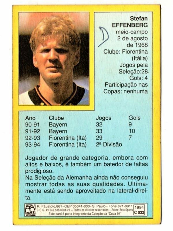 | Casa do Colecionador Card Copa Do Mundo De Futebol 1994 Multi Editora N 32 Alemanha Effenberg 2