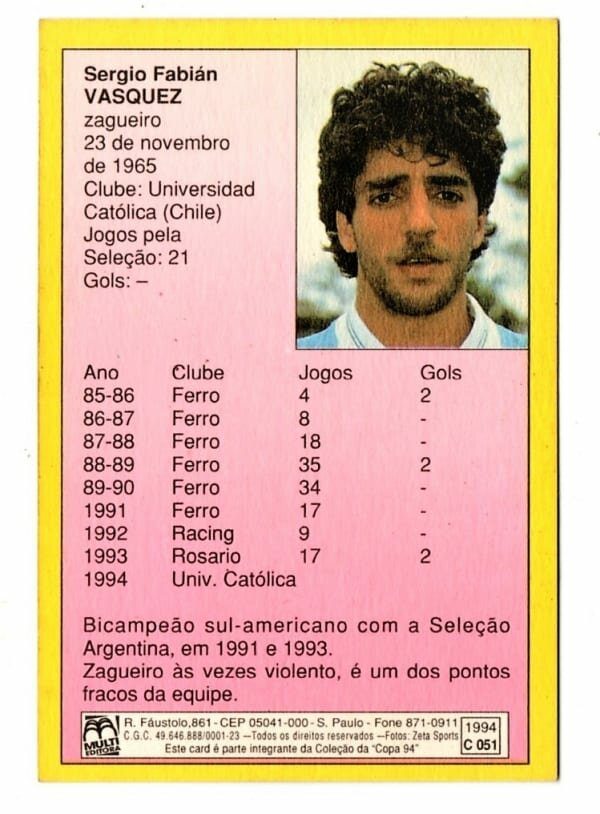 | Casa do Colecionador Card Copa Do Mundo de Futebol 1994 - Multi Editora - N° 51 - Argentina - Vasquez