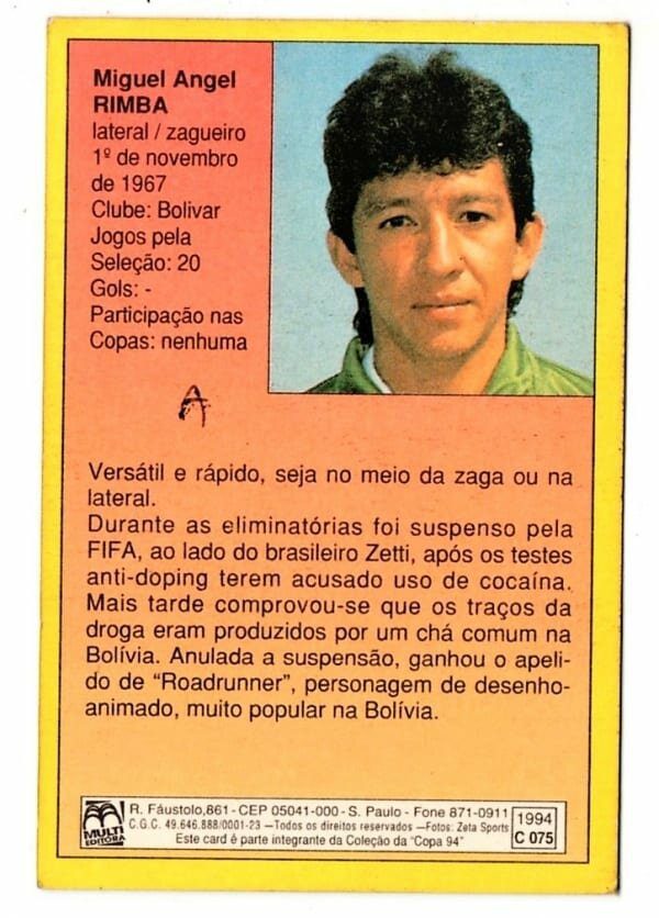 | Casa do Colecionador Card Copa Do Mundo de Futebol 1994 - Multi Editora - N° 75 - Bolivia - Rimba