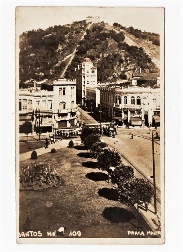 Cartão Postal Fotografico - Santos ( SP ) - Praça Maua e Monte Serrat - Anos 50