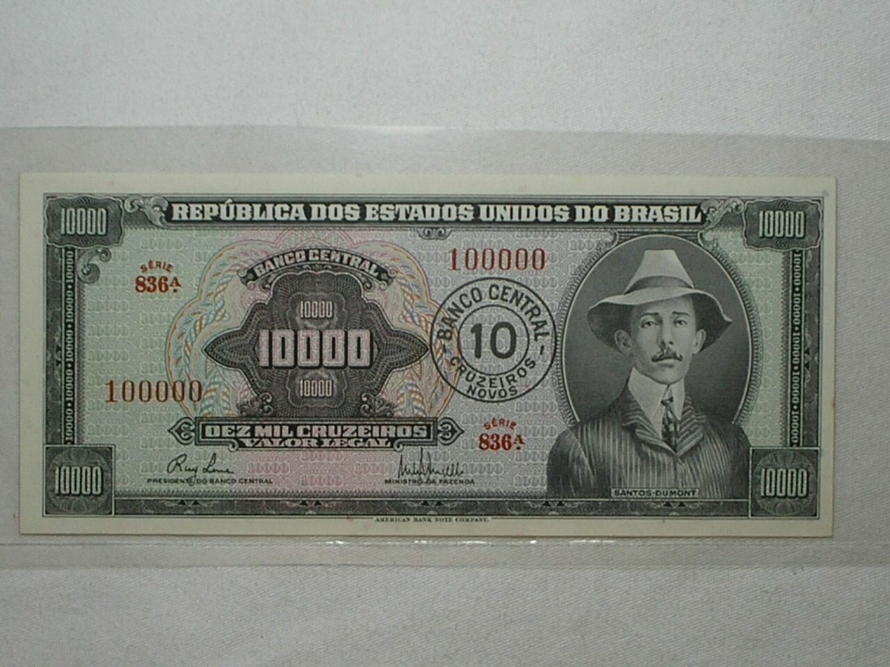 | Casa do Colecionador -)) Raríssima) 10.000 Cr$ C-125 Numeração 100000 / Sts. Dumont / Flor de Estampa