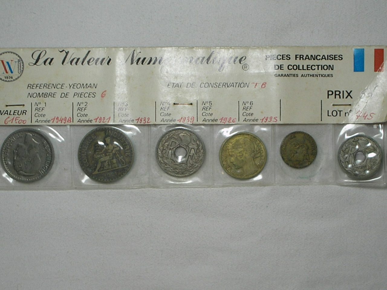 | Casa do Colecionador Cartela 6 Moedas Da França, Datas 1949-b/1921/1932/1939/1926/1935 - Algumas dificeis / m30.1