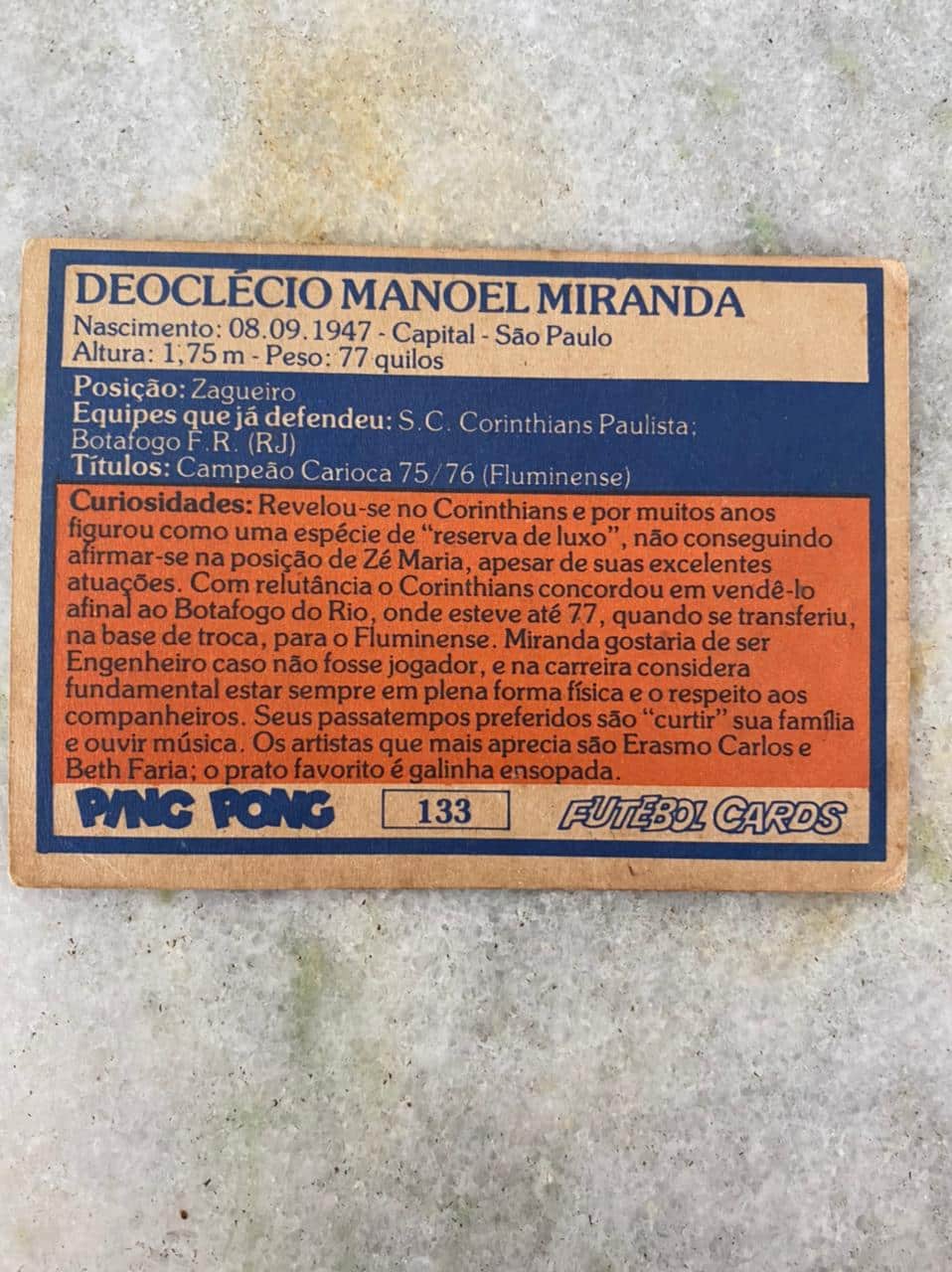 | Casa do Colecionador Ping Pong Futebol Cards N° 133 - Miranda - Fluminense