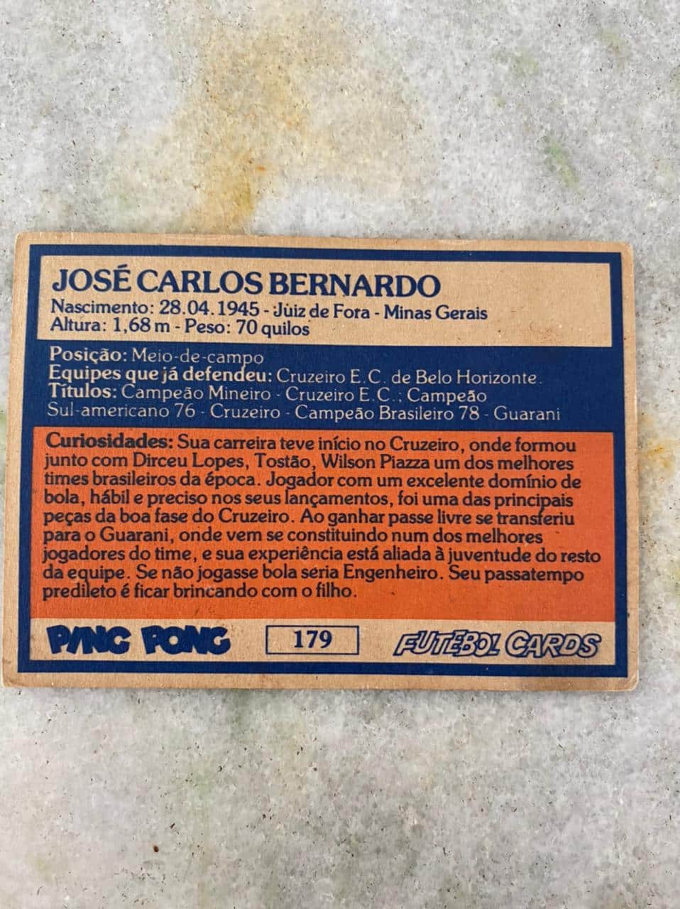 | Casa do Colecionador Ping Pong Futebol Cards N° 179 - Zé Carlos - Guarani