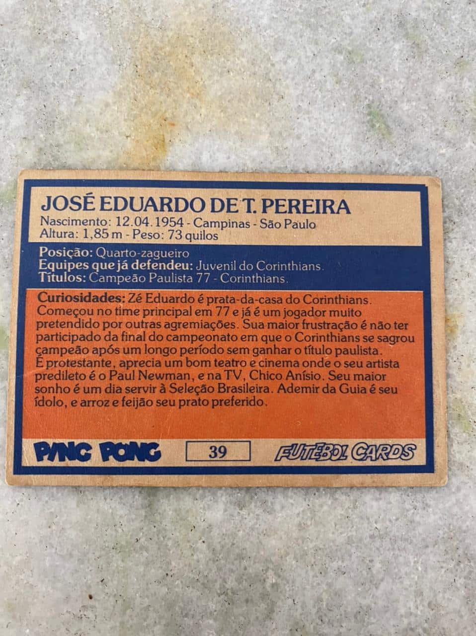 | Casa do Colecionador Ping Pong Futebol Cards N° 39 - Zé Eduardo - Corinthias