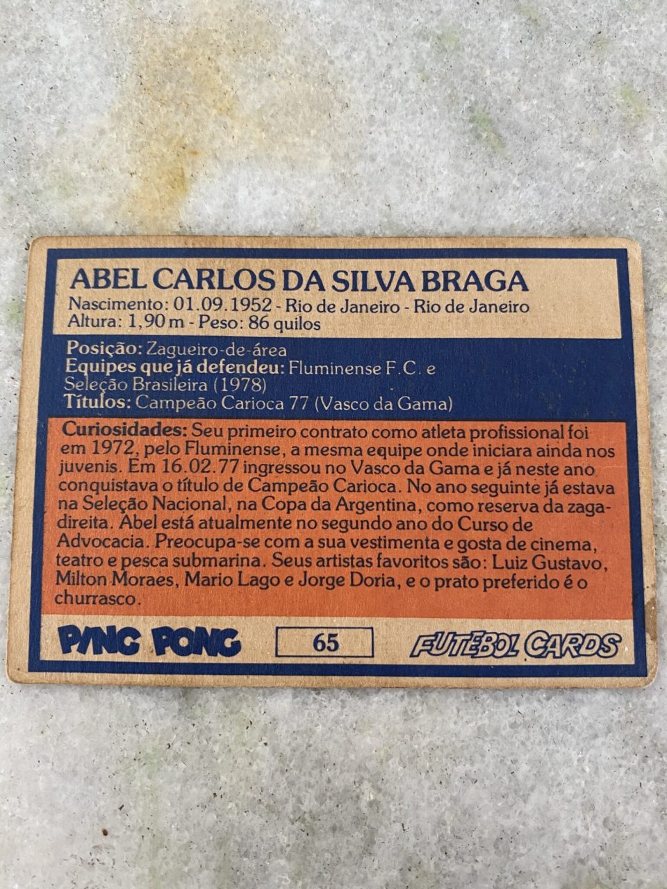 | Casa do Colecionador Ping Pong Futebol Cards N° 65 - Abel - Vasco da Gama