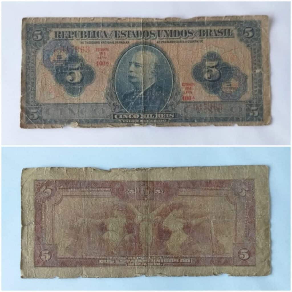 | Casa do Colecionador 5 (Cinco Mil Réis) com Carimbo de 5 Cruzeiros - Cédula C002 - 1942