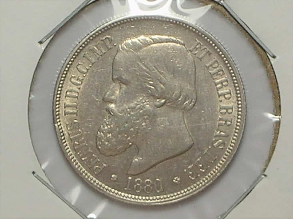 - 1.000 Réis - 1880 / Variante: data Emendada e Barba com espinhos/ Soberbo / Prata / Imperio de Petrus II
