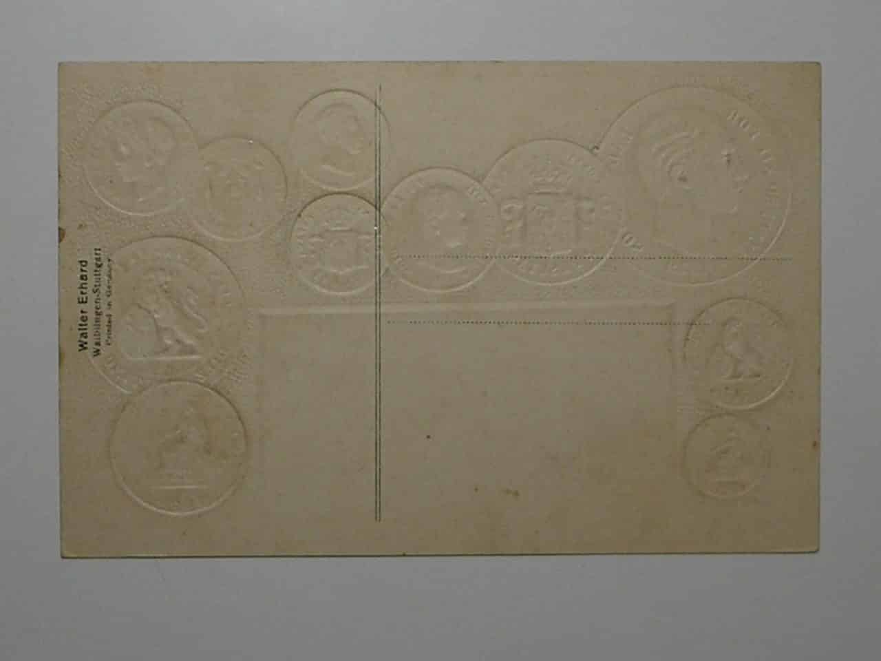 | Casa do Colecionador Raro Cartão Postal Tema A Numismática C/ Moedas Da Espanha