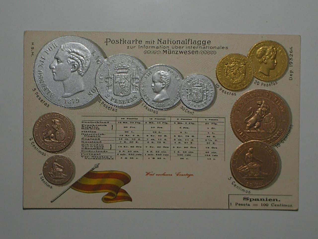 | Casa do Colecionador Raro Cartão Postal Tema A Numismática C/ Moedas Da Espanha