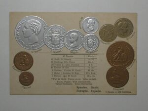 Raro Cartão Postal Tema A Numismática C/ Moedas Da Espanha